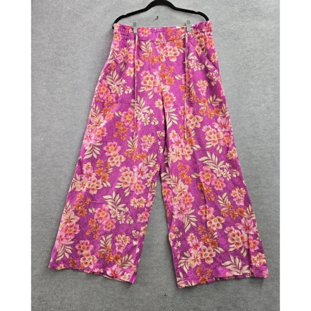 LOFT Women Pants LT Purple Linen Viscose Floral‎ Wide-Leg High Waist NWT